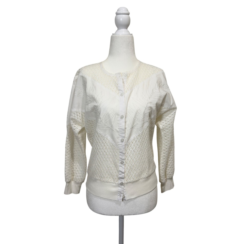 Vintage Campus Casuals of California Cream Embroidered Knit Cardigan Sweater‎ S